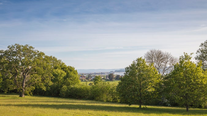 Looking out over Lower Helston Farm taking in views of the estuary at A la Ronde, Devon.